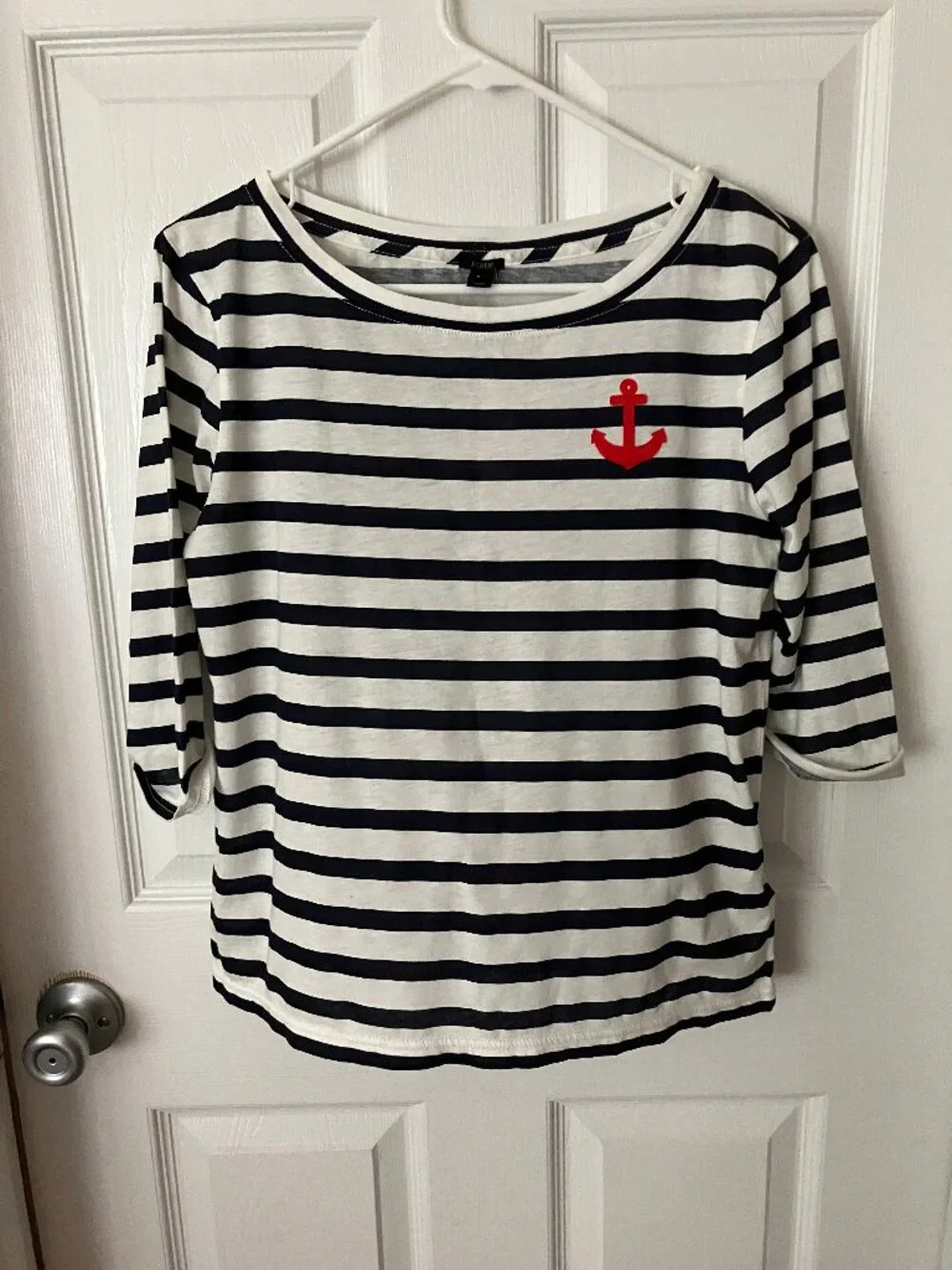J.CREW Navy Blue/White striped T-shirt red anchor patch Cotton Boatneck Sz S